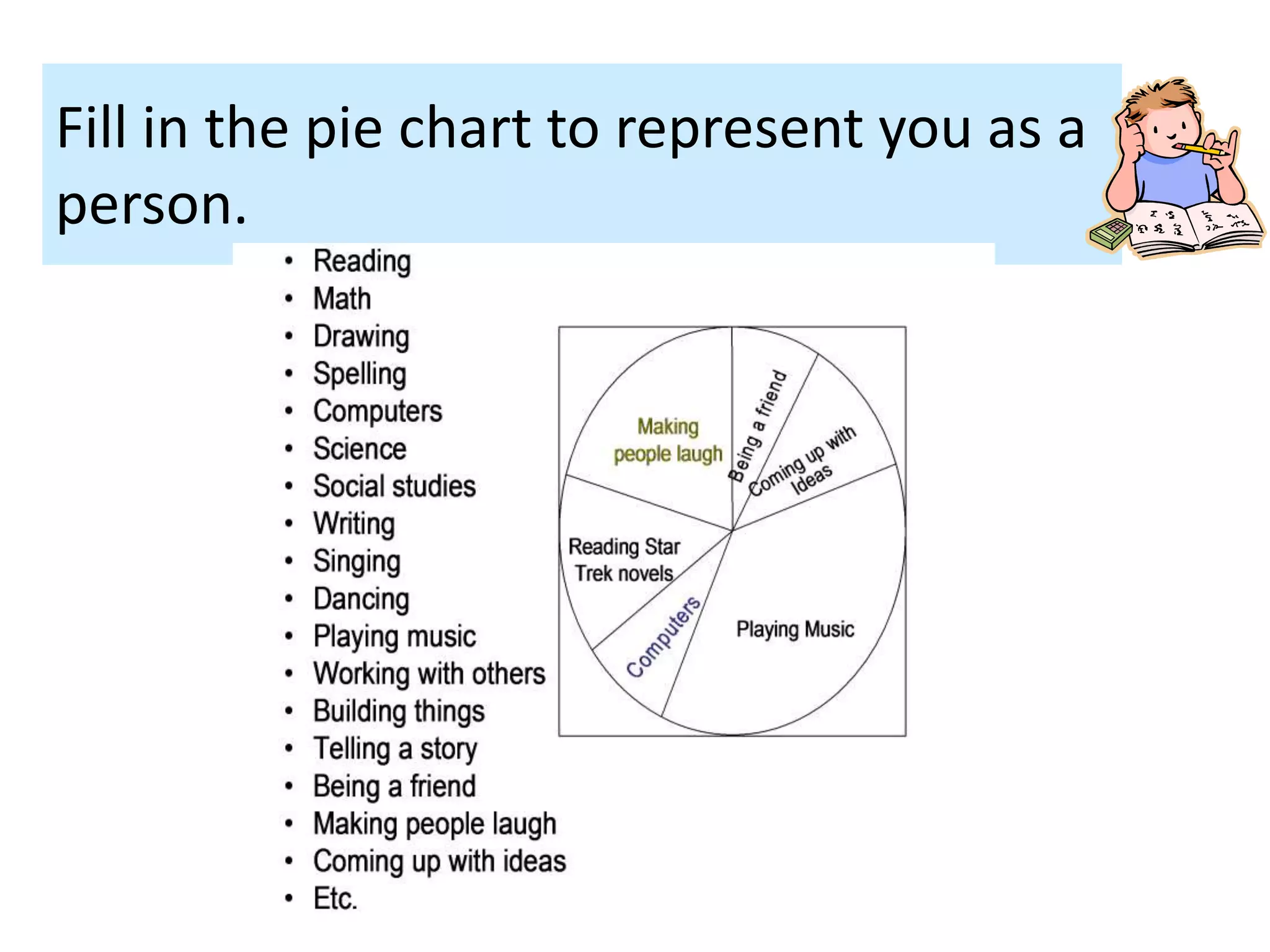 Fill in the pie chart to represent you as a
person.
 