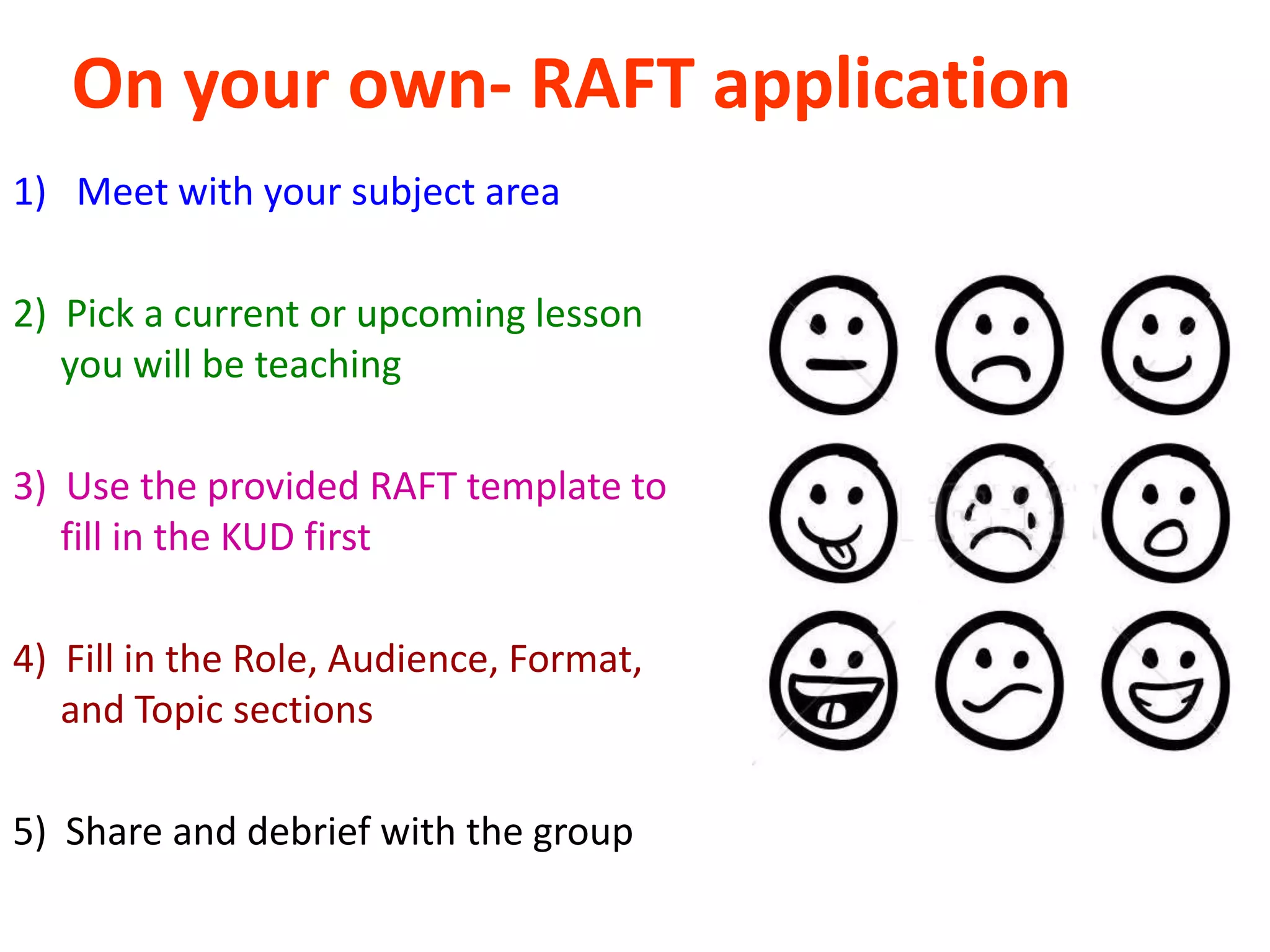 On your own- RAFT application
1) Meet with your subject area

2) Pick a current or upcoming lesson
   you will be teaching

3) Use the provided RAFT template to
   fill in the KUD first

4) Fill in the Role, Audience, Format,
   and Topic sections

5) Share and debrief with the group
 