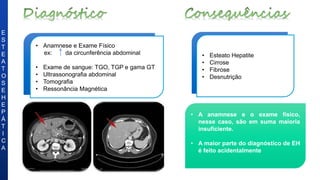 • Esteato Hepatite
• Cirrose
• Fibrose
• Desnutrição
• A anamnese e o exame físico,
nesse caso, são em suma maioria
insuficiente.
• A maior parte do diagnóstico de EH
é feito acidentalmente
E
S
T
E
A
T
O
S
E
H
E
P
Á
T
I
C
A
• Anamnese e Exame Físico
ex: da circunferência abdominal
• Exame de sangue: TGO, TGP e gama GT
• Ultrassonografia abdominal
• Tomografia
• Ressonância Magnética
 