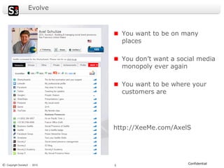 Evolve



                                  You want to be on many
                                  places

                                  You don’t want a social media
                                  monopoly ever again

                                  You want to be where your
                                  customers are




                              http://XeeMe.com/AxelS




© Copyright Society3 - 2012                           Confidential
                              5
 