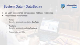 System.Data - DataSet 2/3
● Se usan colecciones para agregar Tablas y relaciones
● Propiedades importantes:
○ Tables:
Devuelve la colección de objetos DataTable
○ Relations:
Devuelve la colección de DataRelations
○ Relacionadas con XML
 