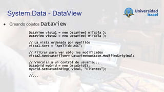 System.Data - DataView
● Creando objetos DataView
DataView vista1 = new DataView( miTabla );
DataView vista2 = new DataView( miTabla );
// La vista ordenada por Apellido
vista1.Sort = “Apellido ASC”;
// Filtrar para ver sólo los modificados
vista2.RowStateFilter= DataViewRowState.ModifiedOriginal;
// Vincular a un control de usuario...
DataGrid myGrid = new DataGrid();
myGrid.SetDataBinding( view1, “Clientes”);
//...
 