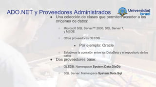 ADO.NET y Proveedores Administrados
● Una colección de clases que permiten acceder a los
orígenes de datos:
○ Microsoft SQL Server™ 2000, SQL Server 7,
y MSDE
○ Otros proveedores OLEDB
● Por ejemplo: Oracle
○ Establece la conexión entre los DataSets y el repositorio de los
datos
● Dos proveedores base:
○ OLEDB: Namespace System.Data.OleDb
○ SQL Server: Namespace System.Data.Sql
 