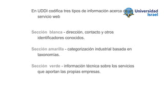 En UDDI codifica tres tipos de información acerca de un
servicio web
Sección blanca - dirección, contacto y otros
identificadores conocidos.
Sección amarilla - categorización industrial basada en
taxonomías.
Sección verde - información técnica sobre los servicios
que aportan las propias empresas.
 