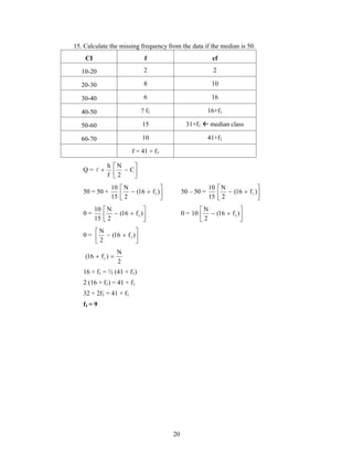 15. Calculate the missing frequency from the data if the median is 50. 
CI f cf 
10-20 2 2 
20-30 8 10 
30-40 6 16 
40-50 ? f1 16+f1 
50-60 15 31+f1  median class 
60-70 10 41+f1 
20 
f = 41 + f1 
 
 h 
 N 
 C 
Q =  
 
2 
f 
 
 
  (16  f ) 
2 
10 
50 = 50 +  
 
N 
15 
 
  (16  f ) 
2 
10 
1 50 – 50 =  
 
N 
15 
1 
 
  (16  f ) 
2 
10 
0 =  
 
N 
15 
 
  (16  f ) 
2 
1 0 =  
 
N 
10 1 
 
  (16  f ) 
2 
0 =  
 
N 
1 
N 
(16  f )  
1 2 
16 + f1 = ½ (41 + f1) 
2 (16 + f1) = 41 + f1 
32 + 2f1 = 41 + f1 
f1 = 9 
 