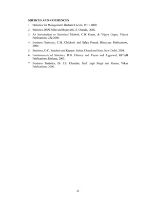SOURCES AND REFERENCES 
1. Statistics for Management, Richard I Levin, PHI / 2000. 
2. Statistics, RSN Pillai and Bagavathi, S. Chands, Delhi. 
3. An Introduction to Statistical Method, C.B. Gupta, & Vijaya Gupta, Vikasa 
21 
Publications, 23e/2006. 
4. Business Statistics, C.M. Chikkodi and Salya Prasad, Himalaya Publications, 
2000. 
5. Statistics, D.C. Sancheti and Kappor, Sultan Chand and Sons, New Delhi, 2004. 
6. Fundamentals of Statistics, D.N. Elhance and Veena and Aggarwal, KITAB 
Publications, Kolkata, 2003. 
7. Business Statistics, Dr. J.S. Chandan, Prof. Jagit Singh and Kanna, Vikas 
Publications, 2006. 

