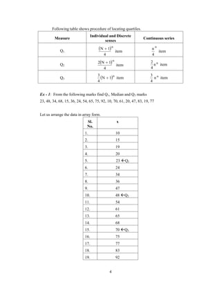 Following table shows procedure of locating quartiles. 
Individual and Discrete 
Measure 
senses Continuous series 
N 1 th  
2 N 1 th  n item 
3 th  n item 
4 
Q1 
  
item 
4 
item 
n th 
4 
Q2 
  
item 
4 
2 th 
4 
Q3 N 1 item 
4 
3 th 
4 
Ex - 1: From the following marks find Q1, Median and Q3 marks 
23, 48, 34, 68, 15, 36, 24, 54, 65, 75, 92, 10, 70, 61, 20, 47, 83, 19, 77 
Let us arrange the data in array form. 
Sl. 
No. 
x 
1. 10 
2. 15 
3. 19 
4. 20 
5. 23 Q1 
6. 24 
7. 34 
8. 36 
9. 47 
10. 48 Q2 
11. 54 
12. 61 
13. 65 
14. 68 
15. 70 Q3 
16. 75 
17. 77 
18. 83 
19. 92 
 