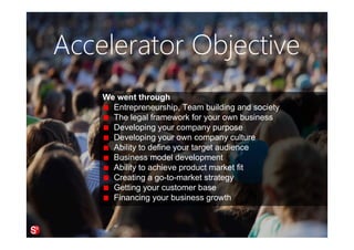 84© Copyright Society3 Refugee Accelerator 2016
#Society3
The earlier you involve potential
customers, the better your
offering becomes! AND you get
references right from the
beginning.
There is ZERO chance to find
others sell your product or
service successfully until you
had great successes created
yourself.
Close your first 100 deals, create
revenue for 180 days before you
work with any kind of partner.
Winning business fast
 