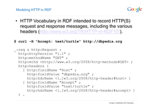 Modeling HTTP in RDF


•  HTTP Vocabulary in RDF intended to record HTTP(S)
   request and response messages, including the various
   headers (http://www.w3.org/TR/HTTP-in-RDF10/).

$ curl -H "Accept: text/turtle" http://dbpedia.org

_:req a http:Request ;
  http:httpVersion "1.1" ;
  http:methodName "GET" ;
  http:mthd <http://www.w3.org/2008/http-methods#GET> ;
  http:headers (
    [ http:fieldName "Host" ;
      http:fieldValue "dbpedia.org" ;
      http:hdrName <[…]w3.org/2008/http-header#host> ]
    [ http:fieldName "Accept" ;
      http:fieldValue "text/turtle" ;
      http:hdrName <[…]w3.org/2008/http-header#accept> ]
  ) .
 