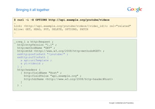 Bringing it all together

$ curl -i -X OPTIONS http://api.example.org/youtube/videos
…
Link: <http://api.example.org/youtube/videos/{video_id}>; rel="related"
Allow: GET, HEAD, PUT, DELETE, OPTIONS, PATCH
…


_:req_1 a http:Request ;
  http:httpVersion "1.1" ;
  http:methodName "GET" ;
  http:mthd <http://www.w3.org/2008/http-methods#GET> ;
  exHttp:prefixPath "/youtube/" ;
  exHttp:suffixPath [
    a api:uriTemplate ;
    a yt:videoid ;
  ] ;
  http:headers (
    [ http:fieldName "Host" ;
      http:fieldValue "api.example.org" ;
      http:hdrName <http://www.w3.org/2008/http-header#host>
    ]
  ) .
 