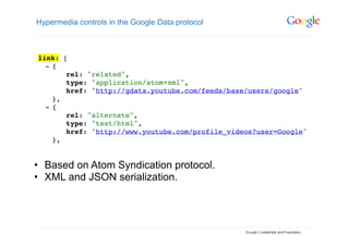 Hypermedia controls in the Google Data protocol




•  Based on Atom Syndication protocol.
•  XML and JSON serialization.
 