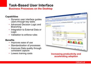Task-Based User Interface Business Processes on the Desktop Capabilities Dynamic user interface guides users through key tasks  Advanced Decision Logic and Branching Integration to External Data or Logic Validation to enforce rules Benefits Improves ease of use Standardization of processes Improves Data quality through consistent capture Lowers training costs Increasing productivity and accelerating adoption 