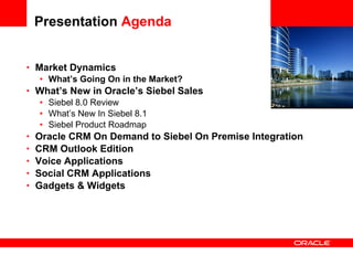 Presentation  Agenda   Market Dynamics  What’s Going On in the Market?  What’s New in Oracle’s Siebel Sales  Siebel 8.0 Review What’s New In Siebel 8.1 Siebel Product Roadmap Oracle CRM On Demand to Siebel On Premise Integration CRM Outlook Edition Voice Applications Social CRM Applications Gadgets & Widgets  <Insert Picture Here> 