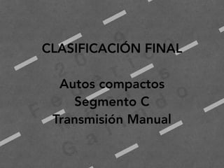 2
0
1
9
F
e
d
e
r i c
o
M
a
c
i a
s
G
a
l i n
d
o
CLASIFICACIÓN FINAL
Autos compactos
Segmento C
Transmisión Manual
 