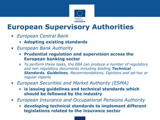 European Supervisory Authorities
• European Central Bank
• Adopting existing standards
• European Bank Authority
• Prudential regulation and supervision across the
European banking sector
• To perform these tasks, the EBA can produce a number of regulatory
and non regulatory documents including binding Technical
Standards, Guidelines, Recommendations, Opinions and ad-hoc or
regular reports
• European Securities and Market Authority (ESMA)
• is issuing guidelines and technical standards which
should be followed by the industry
• European Insurance and Occupational Pensions Authority
• developing technical standards to implement different
legislations related to the insurance sector
 