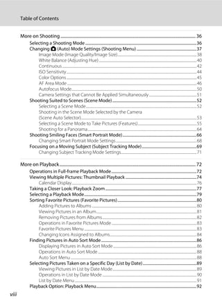 viii
Table of Contents
More on Shooting ............................................................................................................................. 36
Selecting a Shooting Mode..............................................................................................................36
Changing A (Auto) Mode Settings (Shooting Menu) ...........................................................37
Image Mode (Image Quality/Image Size).............................................................................................38
White Balance (Adjusting Hue)...................................................................................................................40
Continuous..............................................................................................................................................................42
ISO Sensitivity.........................................................................................................................................................44
Color Options.........................................................................................................................................................45
AF Area Mode ........................................................................................................................................................46
Autofocus Mode...................................................................................................................................................50
Camera Settings that Cannot Be Applied Simultaneously........................................................51
Shooting Suited to Scenes (Scene Mode)...................................................................................52
Selecting a Scene Mode..................................................................................................................................52
Shooting in the Scene Mode Selected by the Camera
(Scene Auto Selector)........................................................................................................................................53
Selecting a Scene Mode to Take Pictures (Features).....................................................................55
Shooting for a Panorama................................................................................................................................64
Shooting Smiling Faces (Smart Portrait Mode).........................................................................66
Changing Smart Portrait Mode Settings...............................................................................................68
Focusing on a Moving Subject (Subject Tracking Mode)......................................................69
Changing Subject Tracking Mode Settings.........................................................................................71
More on Playback.............................................................................................................................. 72
Operations in Full-frame Playback Mode....................................................................................72
Viewing Multiple Pictures: Thumbnail Playback ......................................................................74
Calendar Display...................................................................................................................................................76
Taking a Closer Look: Playback Zoom..........................................................................................77
Selecting a Playback Mode...............................................................................................................79
Sorting Favorite Pictures (Favorite Pictures)..............................................................................80
Adding Pictures to Albums ...........................................................................................................................80
Viewing Pictures in an Album......................................................................................................................81
Removing Pictures from Albums...............................................................................................................82
Operations in Favorite Pictures Mode....................................................................................................83
Favorite Pictures Menu ....................................................................................................................................83
Changing Icons Assigned to Albums......................................................................................................84
Finding Pictures in Auto Sort Mode..............................................................................................86
Displaying Pictures in Auto Sort Mode..................................................................................................86
Operations in Auto Sort Mode....................................................................................................................88
Auto Sort Menu ....................................................................................................................................................88
Selecting Pictures Taken on a Specific Day (List by Date).....................................................89
Viewing Pictures in List by Date Mode...................................................................................................89
Operations in List by Date Mode...............................................................................................................90
List by Date Menu ...............................................................................................................................................91
Playback Option: Playback Menu...................................................................................................92
 