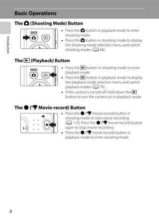 8
Introduction
Basic Operations
The A (Shooting Mode) Button
The c (Playback) Button
The b (e Movie-record) Button
• Press the A button in playback mode to enter
shooting mode.
• Press the A button in shooting mode to display
the shooting-mode selection menu and switch
shooting modes (A 36).
• Press the c button in shooting mode to enter
playback mode.
• Press the c button in playback mode to display
the playback-mode selection menu and switch
playback modes (A 79).
• If the camera is turned off, hold down the c
button to turn the camera on in playback mode.
• Press the b (e movie-record) button in
shooting mode to start movie recording
(A 115). Press the b (e movie-record) button
again to stop movie recording.
• Press the b (e movie-record) button in
playback mode to enter shooting mode.
 