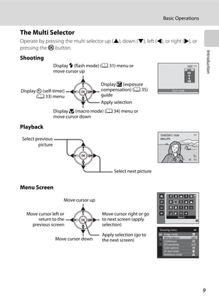 9
Basic Operations
Introduction
The Multi Selector
Operate by pressing the multi selector up (H), down (I), left (J), or right (K), or
pressing the k button.
Shooting
Playback
Menu Screen
Flash mode
Display m (flash mode) (A 31) menu or
move cursor up
Display n (self-timer)
(A 33) menu
Display p (macro mode) (A 34) menu or
move cursor down
Apply selection
Display o (exposure
compensation) (A 35)
guide
4/ 44/ 4
15/05/2011 15:3015/05/2011 15:30
0004.JPG0004.JPGSelect previous
picture
Select next picture
Shooting menu
Image mode
White balance
Continuous
AF area mode
Autofocus mode
ISO sensitivity
Color options
Beach
Move cursor up
Apply selection (go to
the next screen)
Move cursor left or
return to the
previous screen
Move cursor down
Move cursor right or go
to next screen (apply
selection)
 