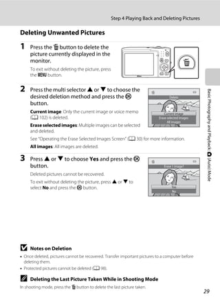 29
Step 4 Playing Back and Deleting Pictures
BasicPhotographyandPlayback:A(Auto)Mode
Deleting Unwanted Pictures
1 Press the l button to delete the
picture currently displayed in the
monitor.
To exit without deleting the picture, press
the d button.
2 Press the multi selector H or I to choose the
desired deletion method and press the k
button.
Current image: Only the current image or voice memo
(A 102) is deleted.
Erase selected images: Multiple images can be selected
and deleted.
See “Operating the Erase Selected Images Screen” (A 30) for more information.
All images: All images are deleted.
3 Press H or I to choose Yes and press the k
button.
Deleted pictures cannot be recovered.
To exit without deleting the picture, press H or I to
select No and press the k button.
B Notes on Deletion
• Once deleted, pictures cannot be recovered. Transfer important pictures to a computer before
deleting them.
• Protected pictures cannot be deleted (A 98).
C Deleting the Last Picture Taken While in Shooting Mode
In shooting mode, press the l button to delete the last picture taken.
Erase selected images
All images
Current image
Delete
Yes
No
Erase 1 image?
 