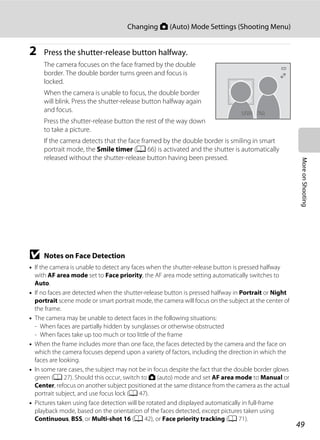 49
Changing A (Auto) Mode Settings (Shooting Menu)
MoreonShooting
2 Press the shutter-release button halfway.
The camera focuses on the face framed by the double
border. The double border turns green and focus is
locked.
When the camera is unable to focus, the double border
will blink. Press the shutter-release button halfway again
and focus.
Press the shutter-release button the rest of the way down
to take a picture.
If the camera detects that the face framed by the double border is smiling in smart
portrait mode, the Smile timer (A 66) is activated and the shutter is automatically
released without the shutter-release button having been pressed.
B Notes on Face Detection
• If the camera is unable to detect any faces when the shutter-release button is pressed halfway
with AF area mode set to Face priority, the AF area mode setting automatically switches to
Auto.
• If no faces are detected when the shutter-release button is pressed halfway in Portrait or Night
portrait scene mode or smart portrait mode, the camera will focus on the subject at the center of
the frame.
• The camera may be unable to detect faces in the following situations:
- When faces are partially hidden by sunglasses or otherwise obstructed
- When faces take up too much or too little of the frame
• When the frame includes more than one face, the faces detected by the camera and the face on
which the camera focuses depend upon a variety of factors, including the direction in which the
faces are looking.
• In some rare cases, the subject may not be in focus despite the fact that the double border glows
green (A 27). Should this occur, switch to A (auto) mode and set AF area mode to Manual or
Center, refocus on another subject positioned at the same distance from the camera as the actual
portrait subject, and use focus lock (A 47).
• Pictures taken using face detection will be rotated and displayed automatically in full-frame
playback mode, based on the orientation of the faces detected, except pictures taken using
Continuous, BSS, or Multi-shot 16 (A 42), or Face priority tracking (A 71).
F3.2F3.21/2501/250
 
