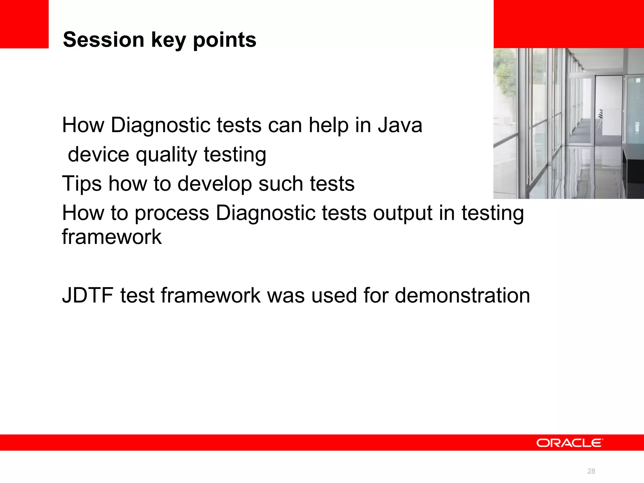 Writing diagnostic test. Changes in MicroAgent. Diagnostic tests find out whether the device supports an optional feature and export a property by using Logger class as follows. public class Logger { ... public void exportProperty(String name, String value) { LogRecord rec = new LogRecord (...); rec.setProperty(EXPORTED_PROPERTY_PREFIX + name, value); ... } } 
