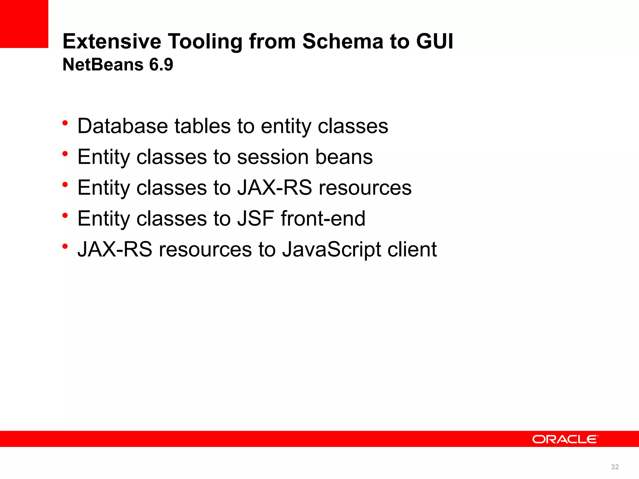 Extensive Tooling from Schema to GUI
NetBeans 6.9


•   Database tables to entity classes
•   Entity classes to session beans
•   Entity classes to JAX-RS resources
•   Entity classes to JSF front-end
•   JAX-RS resources to JavaScript client




                                            32
 