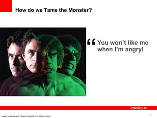 How do we Tame the Monster?




                                                              “   You won’t like me
                                                                  when I’m angry!




                                                                                      13
Image: Incredible Hulk, TM and Copyright 2010 Marvel Comics
 