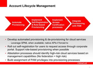 Account Lifecycle Management



                      Implement           Implement
                                                            Integrate
    Automate          Self-Registration   Access
                                                            Provisioning
    Provisioning      & Role-based        Certification
                                                            with PAM
                      Provisioning        processes




Develop automated provisioning & de-provisioning for cloud services
   Leverage SPML when available; native APIs if forced to
Roll out self-registration for users to request access through corporate
portal. Support role-based provisioning when possible
Attestation processes should identify high-risk cloud services based on
management capabilities (No federation = high risk)
Build assignment of PAM privileges into provisioning processes

                                                                           18
 