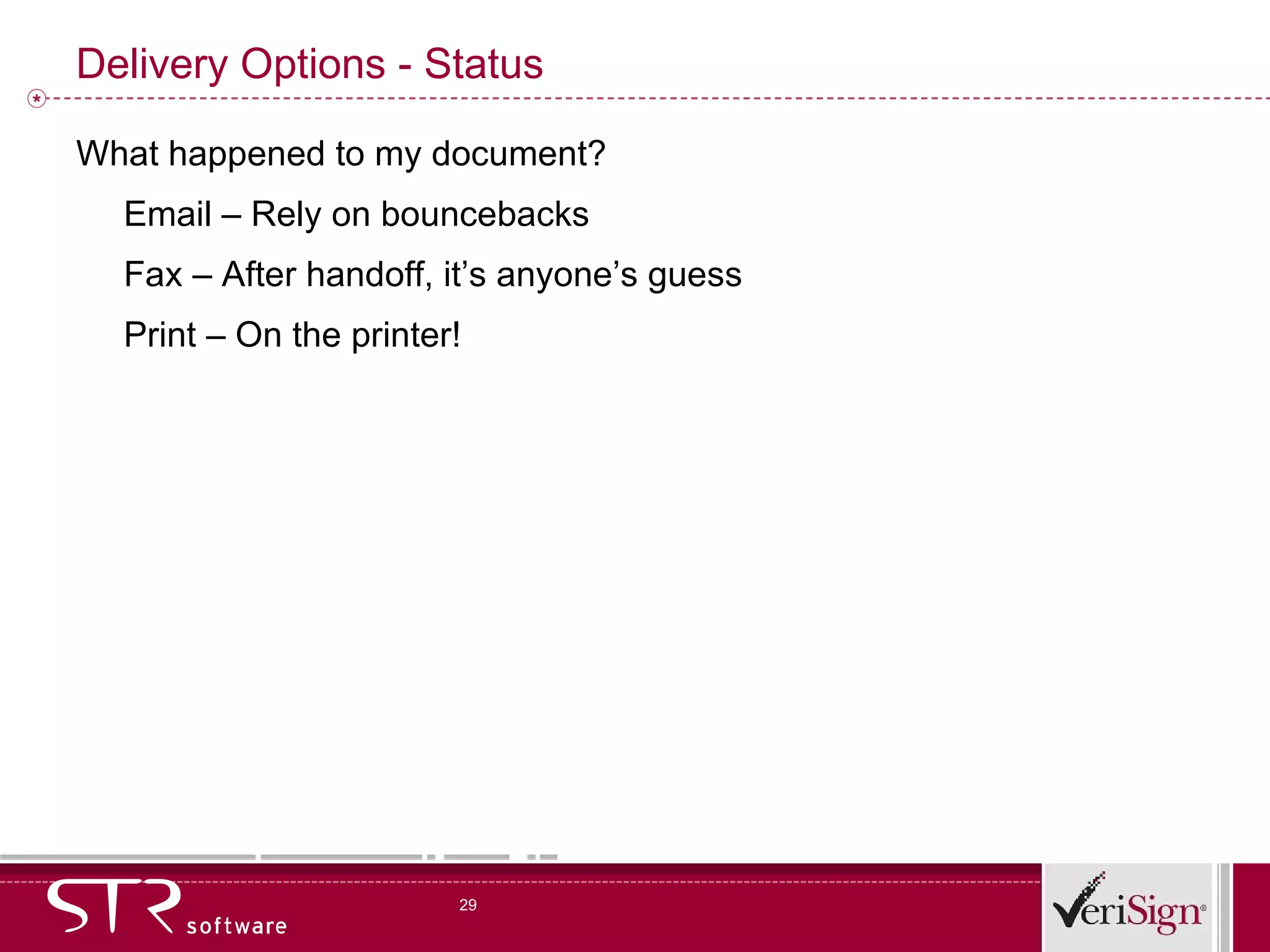 Delivery Options - Status What happened to my document? Email – Rely on bouncebacks Fax – After handoff, it’s anyone’s guess Print – On the printer! 