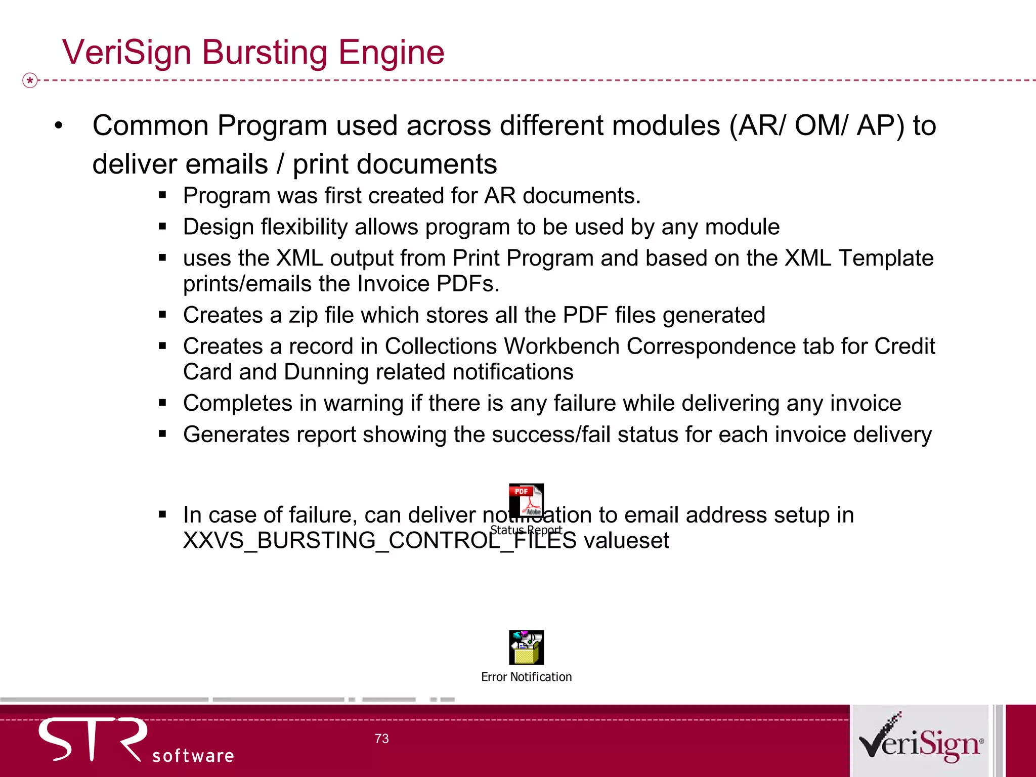 VeriSign Bursting Engine Common Program used across different modules (AR/ OM/ AP) to deliver emails / print documents  Program was first created for AR documents.  Design flexibility allows program to be used by any module uses the XML output from Print Program and based on the XML Template prints/emails the Invoice PDFs. Creates a zip file which stores all the PDF files generated Creates a record in Collections Workbench Correspondence tab for Credit Card and Dunning related notifications Completes in warning if there is any failure while delivering any invoice Generates report showing the success/fail status for each invoice delivery In case of failure, can deliver notification to email address setup in XXVS_BURSTING_CONTROL_FILES valueset 