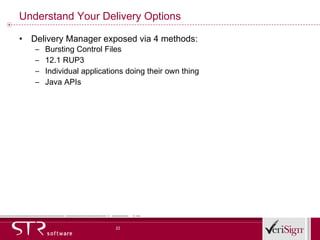 Understand Your Delivery Options Delivery Manager exposed via 4 methods: Bursting Control Files 12.1 RUP3 Individual applications doing their own thing Java APIs 