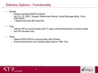 Delivery Options - Functionality Email Utilizes standard SMTP protocol Set To, CC, BCC, Subject, Attachment Name, Email Message Body, From information. 1 Attachment (the BIP data file) Fax Utilizes IPP to communicate with 3 rd  party software/hardware to transmit data. Set Fax Number only Print Utilizes IPP/CUPS to communicate with Printers Ensure that printers can handle output data or ‘filter’ first. 