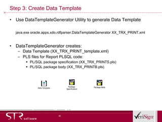 Step 3: Create Data Template Use DataTemplateGenerator Utility to generate Data Template java.exe oracle.apps.xdo.rdfparser.DataTemplateGenerator XX_TRX_PRINT.xml DataTemplateGenerator creates: Data Template (XX_TRX_PRINT_template.xml) PLS files for Report PLSQL code:  PL/SQL package specification (XX_TRX_PRINTS.pls) PL/SQL package body (XX_TRX_PRINTB.pls) 