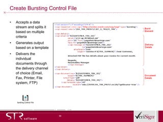 Create Bursting Control File Accepts a data stream and splits it based on multiple criteria  Generates output based on a template Delivers the individual documents through the delivery channel of choice (Email, Fax, Printer, File system, FTP) 