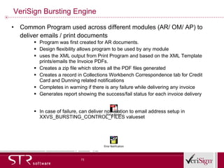 VeriSign Bursting Engine Common Program used across different modules (AR/ OM/ AP) to deliver emails / print documents  Program was first created for AR documents.  Design flexibility allows program to be used by any module uses the XML output from Print Program and based on the XML Template prints/emails the Invoice PDFs. Creates a zip file which stores all the PDF files generated Creates a record in Collections Workbench Correspondence tab for Credit Card and Dunning related notifications Completes in warning if there is any failure while delivering any invoice Generates report showing the success/fail status for each invoice delivery In case of failure, can deliver notification to email address setup in XXVS_BURSTING_CONTROL_FILES valueset 