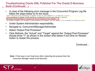 Troubleshooting Oracle XML Publisher For The Oracle E-Business Suite (Continued…) In case of the following error message in the Concurrent Program Log file follow the steps below to fix the issue. Under System Administrator responsibility. Navigate to: Concurrent/Manager/Administer Select 'Output Post Processor' Click Refresh, the &quot;Actual&quot; and &quot;Target&quot; against the “Output Post Processor” should show &quot;1“ as shown in the screen shot below if not Click on Restart button to restart the process. Continued… Note:   If the issue is not fixed even after restarting the process then the Concurent Manager needs to be bounced. 