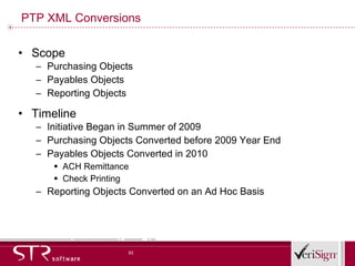 PTP XML Conversions Scope Purchasing Objects Payables Objects Reporting Objects Timeline Initiative Began in Summer of 2009 Purchasing Objects Converted before 2009 Year End Payables Objects Converted in 2010 ACH Remittance Check Printing Reporting Objects Converted on an Ad Hoc Basis 
