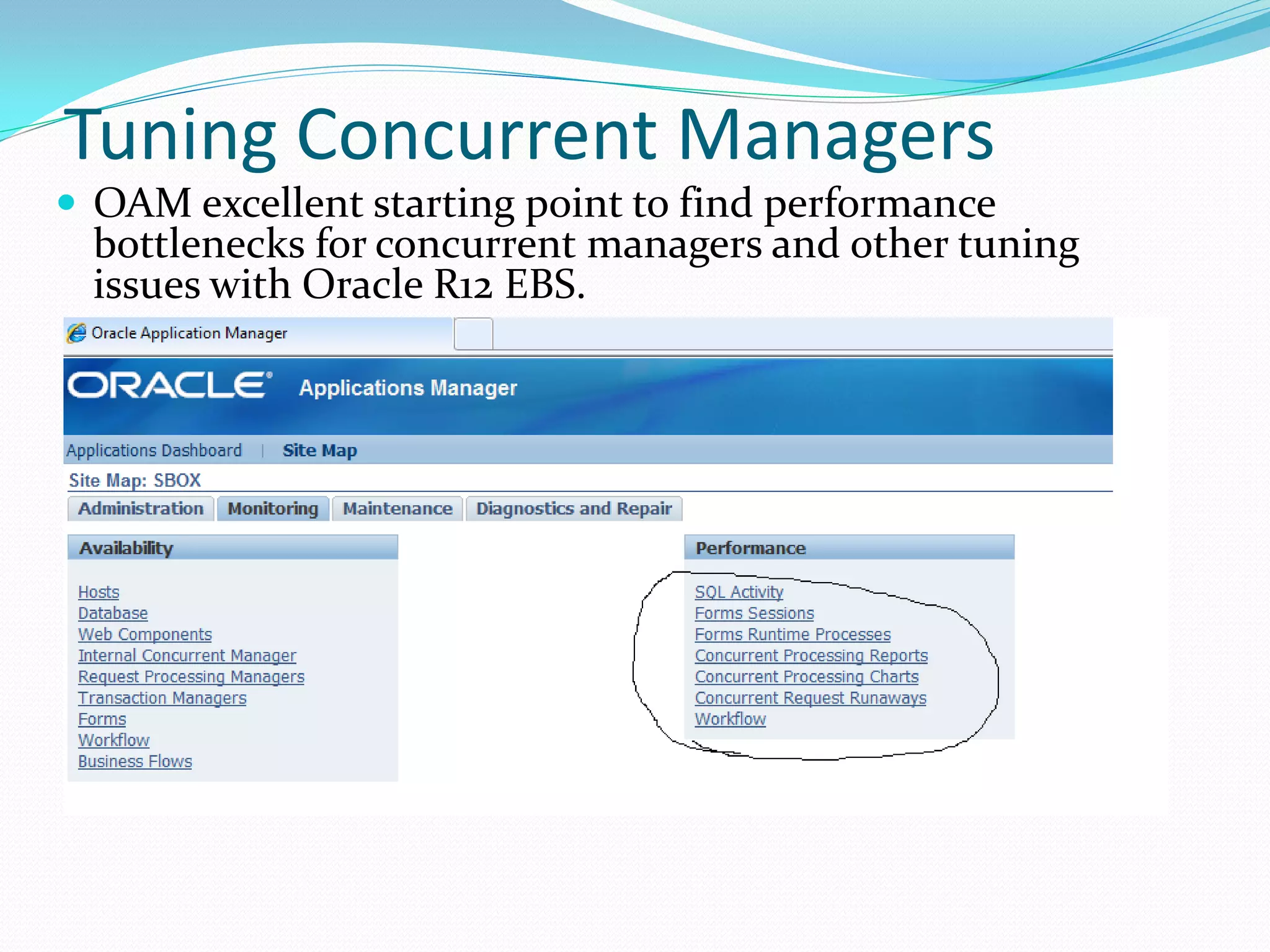 Tuning Concurrent Managers
 OAM excellent starting point to find performance
bottlenecks for concurrent managers and other tuning
issues with Oracle R12 EBS.
 