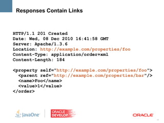 Responses Contain Links



HTTP/1.1 201 Created
Date: Wed, 08 Dec 2010 16:41:58 GMT
Server: Apache/1.3.6
Location: http://example.com/properties/foo
Content-Type: application/order+xml
Content-Length: 184

<property self="http://example.com/properties/foo">
  <parent ref="http://example.com/properties/bar"/>
  <name>Foo</name>
  <value>1</value>
</order>




                                                      17
 