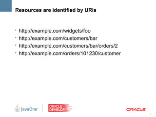 Resources are identified by URIs


• http://example.com/widgets/foo
• http://example.com/customers/bar
• http://example.com/customers/bar/orders/2
• http://example.com/orders/101230/customer




                                              8
 