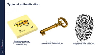 12
Types of authentication
Something you know
(passwords, PIN, secret
questions,etc.)
Something you have
(tokens, OTPs, ce...