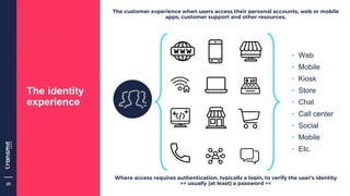 9
The identity
experience
• Web
• Mobile
• Kiosk
• Store
• Chat
• Call center
• Social
• Mobile
• Etc.
The customer experi...