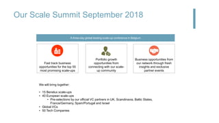 Our Scale Summit September 2018
A three-day global leading scale-up conference in Belgium
Fast track business
opportunities for the top 55
most promising scale-ups
Portfolio growth
opportunities from
connecting with our scale-
up community
Business opportunities from
our network through fresh
insights and exclusive
partner events
We will bring together:
• 15 Benelux scale-ups
• 40 European scale-ups
• Pre-selections by our official VC partners in UK, Scandinavia, Baltic States,
France/Germany, Spain/Portugal and Israel
• Global VCs
• 50 Tech Companies
 