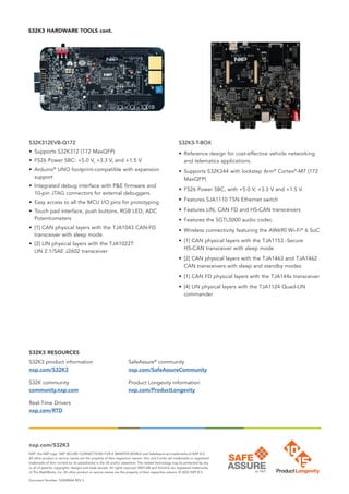 nxp.com/S32K3
NXP, the NXP logo, NXP SECURE CONNECTIONS FOR A SMARTER WORLD and SafeAssure are trademarks of NXP B.V.
All other product or service names are the property of their respective owners. Arm and Cortex are trademarks or registered
trademarks of Arm Limited (or its subsidiaries) in the US and/or elsewhere. The related technology may be protected by any
or all of patents, copyrights, designs and trade secrets. All rights reserved. MATLAB and Simulink are registered trademarks
of The MathWorks, Inc. All other product or service names are the property of their respective owners. © 2022 NXP B.V.
Document Number: S32KBRA4 REV 3
S32K3 RESOURCES
S32K3 product information
nxp.com/S32K3
S32K community
community.nxp.com
Real-Time Drivers
nxp.com/RTD
SafeAssure®
community
nxp.com/SafeAssureCommunity
Product Longevity information
nxp.com/ProductLongevity
S32K312EVB-Q172
• Supports S32K312 (172 MaxQFP)
• FS26 Power SBC: +5.0 V, +3.3 V, and +1.5 V
• Arduino®
UNO footprint-compatible with expansion
support
• Integrated debug interface with PE firmware and
10-pin JTAG connectors for external debuggers
• Easy access to all the MCU I/O pins for prototyping
• Touch pad interface, push buttons, RGB LED, ADC
Potentiometers
• [1] CAN physical layers with the TJA1043 CAN-FD
transceiver with sleep mode
• [2] LIN physical layers with the TJA1022T:
LIN 2.1/SAE J2602 transceiver
S32K3-T-BOX
• Reference design for cost-effective vehicle networking
and telematics applications.
• Supports S32K344 with lockstep Arm®
Cortex®
-M7 (172
MaxQFP)
• FS26 Power SBC, with +5.0 V, +3.3 V and +1.5 V.
• Features SJA1110 TSN Ethernet switch
• Features LIN, CAN FD and HS-CAN transceivers
• Features the SGTL5000 audio codec
• Wireless connectivity featuring the AW690 Wi-Fi®
6 SoC
• [1] CAN physical layers with the TJA1153 -Secure
HS-CAN transceiver with sleep mode
• [2] CAN physical layers with the TJA1463 and TJA1462
CAN transceivers with sleep and standby modes
• [1] CAN FD physical layers with the TJA144x transceiver
• [4] LIN physical layers with the TJA1124 Quad-LIN
commander
S32K3 HARDWARE TOOLS cont.
 