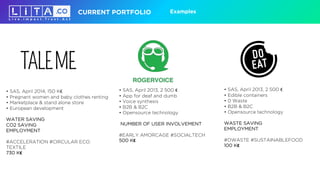 ExamplesCURRENT PORTFOLIO
• SAS, April 2013, 2 500 €
• App for deaf and dumb
• Voice synthesis
• B2B & B2C
• Opensource te...