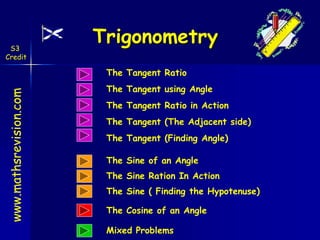 www.mathsrevision.com 
Trigonometry 
S3 
Credit 
The Tangent Ratio 
The Tangent using Angle 
The Tangent Ratio in Action 
The Tangent (The Adjacent side) 
The Tangent (Finding Angle) 
The Sine of an Angle 
The Sine Ration In Action 
The Sine ( Finding the Hypotenuse) 
The Cosine of an Angle 
Mixed Problems 
 