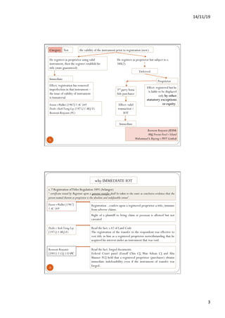 14/11/19	
3	
5
Category
Immediate
Deferred
Test
Frazer vWalker [1967] 1 AC 569
Doshi vYeohTiong Lay [1975] 1 MLJ 85
Boonsom Bonyanit (FC)
Boonsom Bonyanit (COA)
M&J Frozen Food v Siland
Muhammad b.Buyong v PHT Gombak
the validity of the instrument prior to registration (new)
He registers as proprietor using valid
instrument, then the register establish his
title (state guaranteed)
He registers as proprietor but subject to s.
340(2)
3rd party bona
fide purchaser
Effect: valid
transaction /
IOT
Effect: registered but he
is liable to be displaced
only by other
statutory exceptions
or equity.
Effect: registration has removed
imperfection in that instrument –
the issue of validity of instrument
is immaterial
Proprietor
Immediate
6
why IMMEDIATE IOT
Frazer vWalker [1967]
1 AC 569
Registration ..confers upon a registered proprietor a title; immune
from adverse claims.
Right of a plaintiff to bring claim in personam is allowed but not
caveated
s. 7 Registration ofTitles Regulation 1891 (Selangor)
‘ certificate issued by Registrar upon a genuine transfer shall be taken to the court as conclusive evidence; that the
person named therein as proprietor is the absolute and indefeasible owner’.
Doshi v YeohTiong Lay
[1975] 1 MLJ 85
Read the fact: s.42 of Land Code
The registration of the transfer to the respondent was effective to
vest title in him as a registered proprietor notwithstanding that he
acquired his interest under an instrument that was void.
Boonsom Bonyanit
[2001] 2 CLJ 133 FC
Read the fact: forged documents
Federal Court panel (Eusoff Chin CJ, Wan Adnan CJ and Abu
Mansor FCJ held that a registered proprietor (purchaser) obtains
immediate indefeasibility..even if the instrument of transfer was
forged.
 