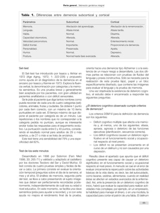 Set-test 
El Set-test fue introducido por Isaacs y Akhtar en 
1972 (Age Aging, 1972; 1: 222-226) y propuesto 
como ayuda en el diagnóstico de la demencia en el 
anciano por Isaacs y Kennie en 1973. Explora la fluen-cia 
verbal, la denominación por categorías y la memo-ria 
semántica. Es una prueba breve y generalmente 
bien aceptada por los pacientes, con gran utilidad en 
pacientes analfabetos o con déficit sensoriales. 
Se le pide al paciente que diga tantos nombres como 
pueda recordar de cada una de cuatro categorías (set): 
colores, animales, frutas y ciudades. Se obtiene 1 punto 
por cada ítem correcto, con un máximo de 10 ítems 
puntuables en cada set. El tiempo máximo de que dis-pone 
el paciente por categoría es de un minuto. Las 
repeticiones o los nombres que no correspondan a la 
categoría pedida no puntúan, aunque es interesante 
anotar todas las respuestas para el seguimiento evolu-tivo. 
La puntuación oscila entre 0 y 40 puntos, conside-rando 
el resultado normal para adultos de 29 o más 
aciertos, y de 27 o más si se trata de ancianos. 
Este test tiene una sensibilidad del 79% y una espe-cificidad 
del 82%. 
Test de los siete minutos 
Desarrollado en 1998 por Solomon (Fam Med 
1998; 30: 265-71) y validado y adaptado al castellano 
por los doctores Teodoro del Ser y David Muñoz. El 
test consta de cuatro pruebas simples y fáciles de lle-var 
a cabo. La primera consiste en evaluar la orienta-ción 
temporal (preguntas sobre el día de la semana, el 
mes y el año). El análisis de memoria, segunda parte 
del test, se lleva a cabo presentando al sujeto imáge-nes 
que deben ser perfectamente recordadas poste-riormente, 
independientemente de cuál sea su edad o 
nivel educativo. En este momento, se facilita una clave 
semántica (pista para ayudar a recordar), y si con esta 
ayuda no mejora el rendimiento final de la prueba, 
orienta hacia una demencia tipo Alzheimer o a la exis-tencia 
de un mayor riesgo a desarrollarla. Las dos últi-mas 
partes se relacionan con pruebas de fluidez del 
lenguaje y praxia constructiva. Sólo se necesita para la 
realización de esta prueba lápiz, papel y un bloc 
específicamente diseñado, que contiene las imágenes 
para evaluar el lenguaje y la prueba de memoria. 
Una vez objetivada la existencia de deterioro cogni-tivo, 
el estudio debe ir encaminado a responder las 
siguientes preguntas: 
¿El deterioro cognitivo observado cumple criterios 
de demencia? 
Los criterios DSM IV para la definición de demencia 
son los siguientes: 
— Déficit cognitivo múltiple que afecta a la memo-ria 
y, al menos, uno de los siguientes: afasia, 
apraxia, agnosia o deterioro de las funciones 
ejecutivas (planificación, secuencia correcta). 
— Los déficit cognitivos causan un deterioro signi-ficativo 
en el funcionamiento social y ocupacio-nal 
respecto al nivel previo. 
— Los déficit no se presentan únicamente en el 
curso de un delírium y no son causados por una 
depresión. 
Resulta clave el apartado que apunta que el déficit 
cognitivo presente sea capaz de causar un deterioro 
significativo en el funcionamiento social y ocupacional 
respecto al nivel previo. A menudo se cae en el error de 
evaluar únicamente la repercusión sobre las actividades 
básicas de la vida diaria; es decir, las del autocuidado, 
como lavarse, vestirse, alimentarse, cuando en realidad 
éstas se afectan en estadios avanzados de la enferme-dad. 
Así, ante la presencia de un deterioro cognitivo de 
inicio, habrá que evaluar la capacidad para realizar acti-vidades 
más complejas; por ejemplo, en un empresario, 
la habilidad para manejar el dinero, o en una modista, la 
capacidad para cortar el patrón de una falda. El delírium 
65 
Parte general. Valoración geriátrica integral 
Tabla 1. Diferencias entre demencia subcortical y cortical 
Parámetros Subcortical Cortical 
Memoria. Afectación del aprendizaje. Afectación de la rememoración. 
Lenguaje. Afasia inicial. Afasia tardía. 
Habla. Normal. Disartria. 
Capacidad visomotora. Alterada. Alterada. 
Velocidad psicomotora. Normal. Enlentecimiento inicial. 
Déficit frontal. Importante. Proporcional a la demencia. 
Personalidad. Preservada. Apatía. 
Humor. Normal. Depresivo. 
Postura. Normal hasta fase avanzada. Alterada. 
 