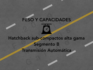 2
0
1
9
F
e
d
e
r i c
o
M
a
c
i a
s
G
a
l i n
d
o
PESO Y CAPACIDADES
Hatchback sub-compactos alta gama
Segmento B
Transmisión Automática
 