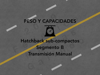 2
0
1
9
F
e
d
e
r i c
o
M
a
c
i a
s
G
a
l i n
d
o
PESO Y CAPACIDADES
Hatchback sub-compactos
Segmento B
Transmisión Manual
 